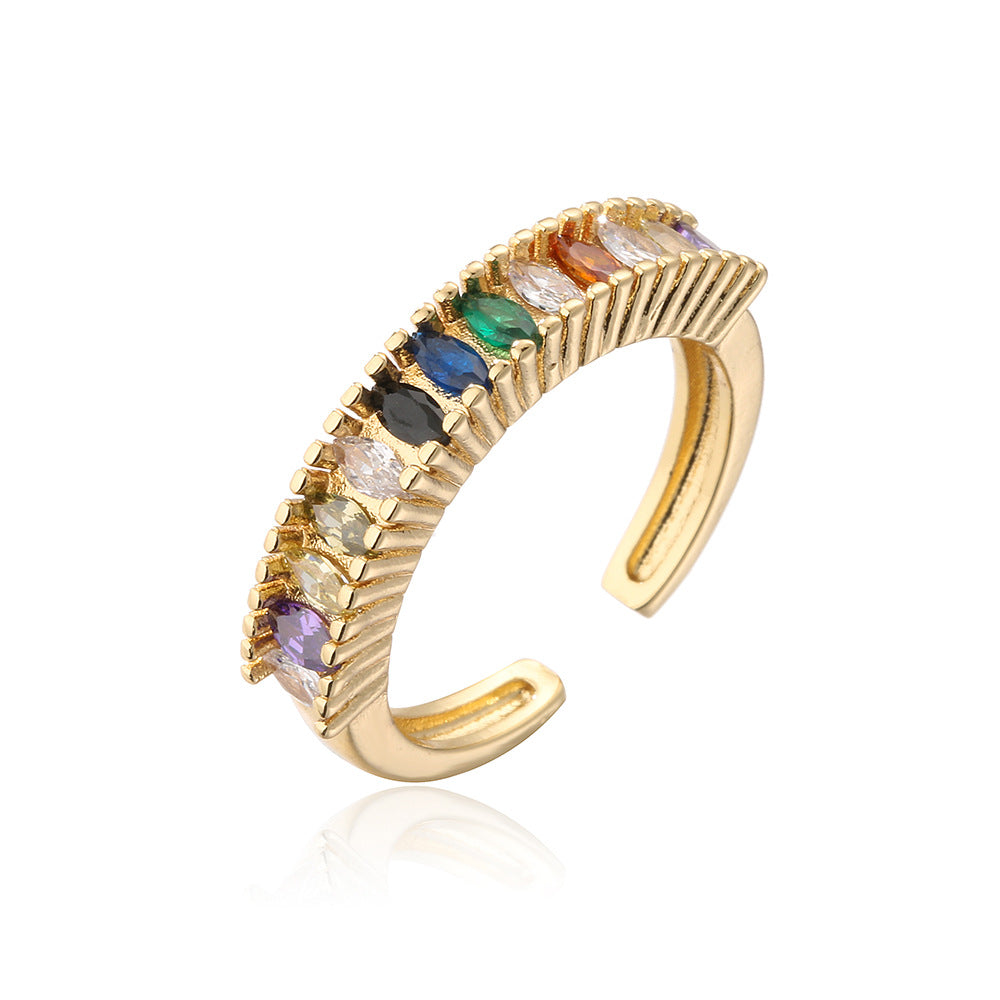 Anello geometrico minimalista in rame placcato oro 18K con intarsi in zirconi cubici colorati da donna