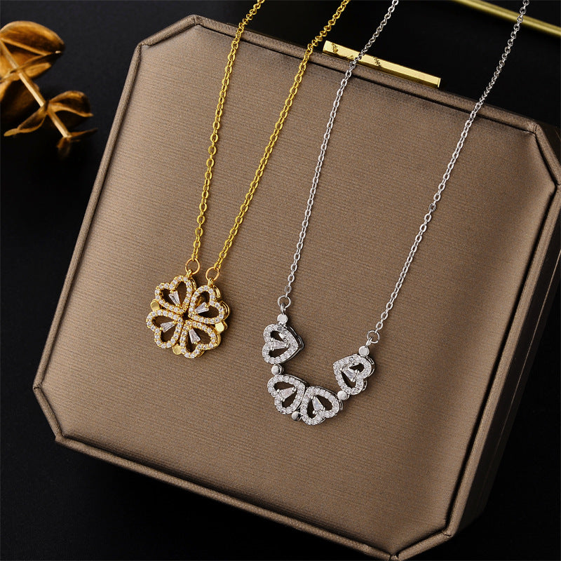 Dainty Heart-Shaped Titanium Steel Necklace with Gold Plating for Women, Four-Leaf Clover Pendant, Water Wave Chain, Elegant Clavicle Jewelry Gift
