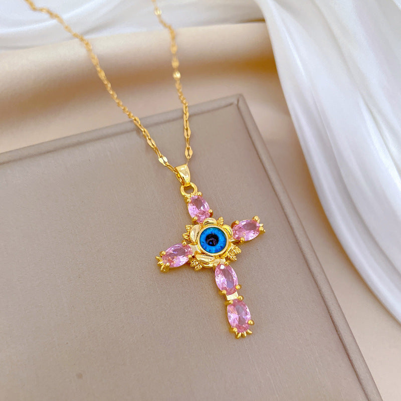 Minimalist Cross Pendant Necklace with Rhinestone Inlay in Titanium Steel for Women and Men, Delicate Clavicle Chain with Geometric Design