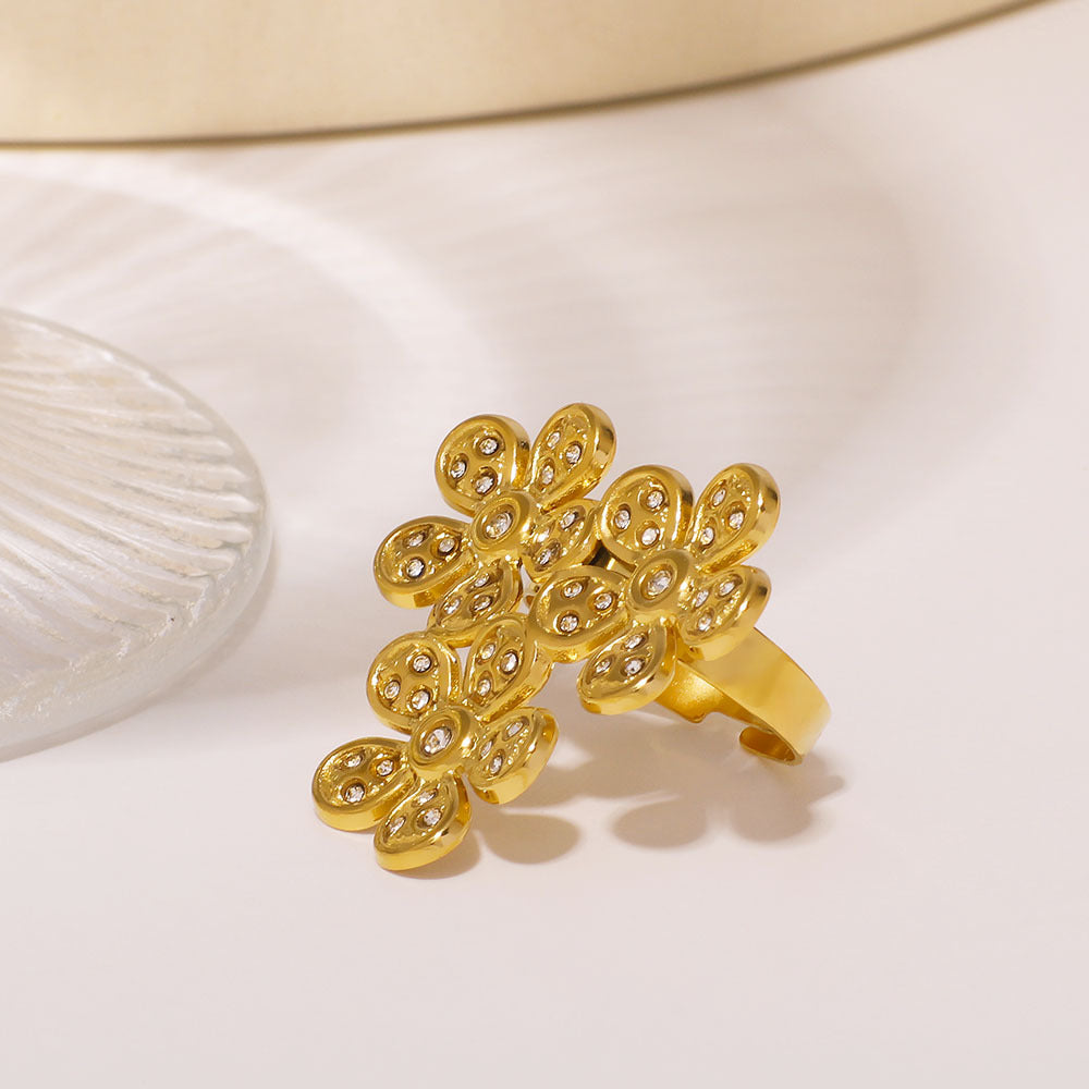 Vintage French Style Five-Petal Flower Shaped Stainless Steel Ring with Micro-Pave Zirconia and Plated Finish for Women