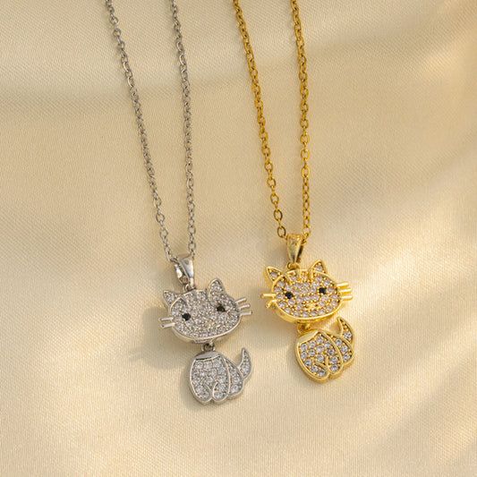 Luxury Cat Pendant Necklace for Women with Zirconia Accents, Titanium Steel Body, Electroplated Gold Finish, O-Chain, Animal-Shaped Design