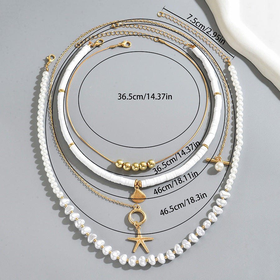 Minimalist Geometric Long Clavicle Necklace Set for Women with Pearl and Shell Pendant Zinc Alloy Chain