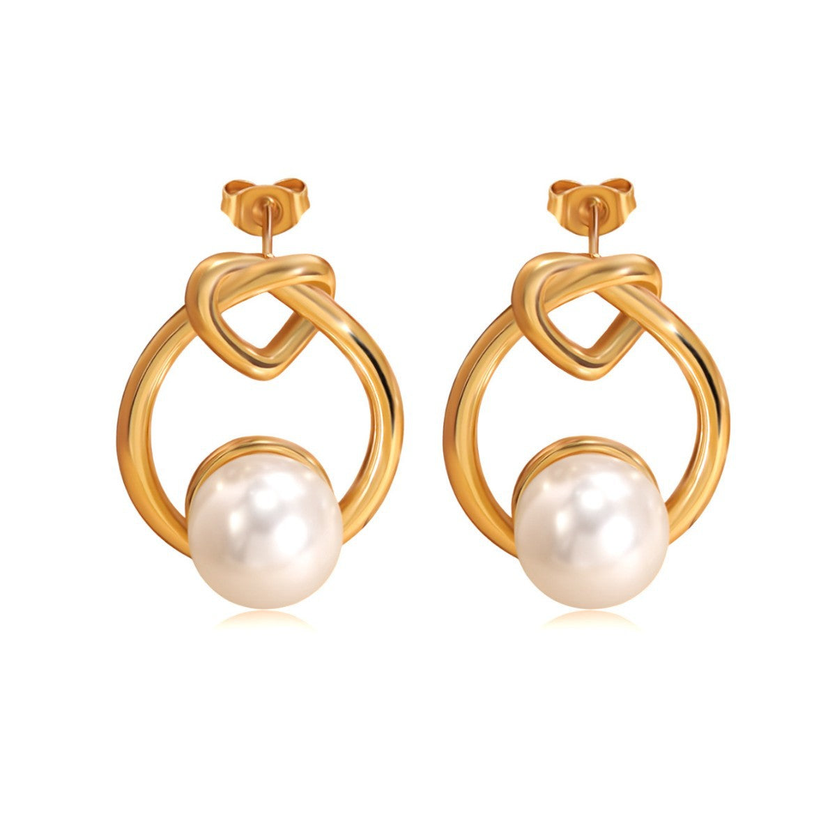 Elegant Minimalist Geometric Heart Knot Stainless Steel Stud Earrings with Pearl Inlay