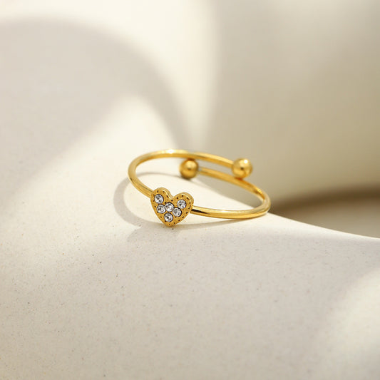 Anello aperto minimalista da donna in acciaio inossidabile placcato oro 18 carati con cuore e strass