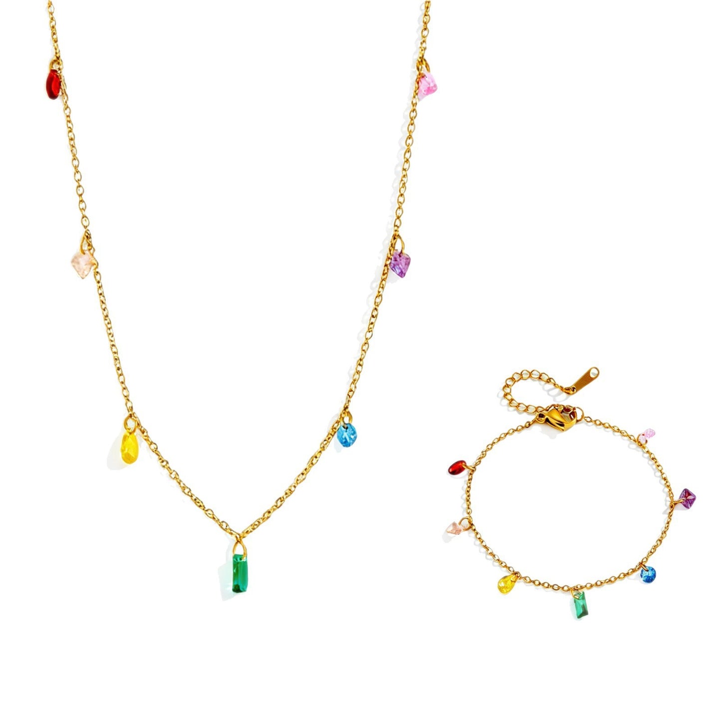 Luxury Geometric Stainless Steel and Titanium Steel Necklace and Bracelet Set with Cubic Zirconia 18K Gold Plated for Women