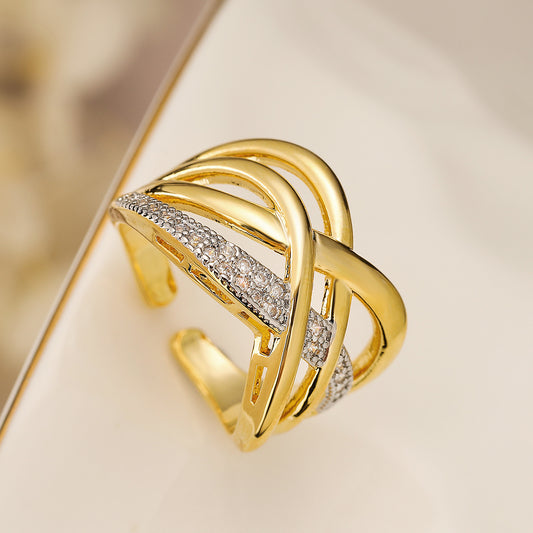 Anello aperto irregolare geometrico vintage da donna in rame placcato oro 18 carati con intarsio di zirconi