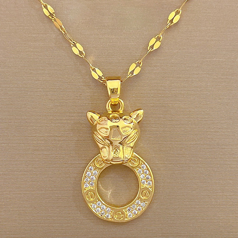 Elegant Leopard Pendant Necklace for Women in Stainless Steel with Geometric Design and Moon Motif