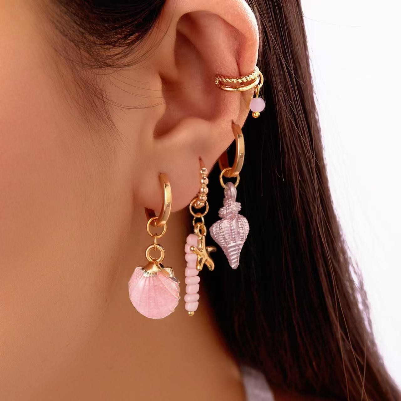 Casual Star Shaped Alloy Plated Shell Ear Cuff and Beaded Earring Set for Women