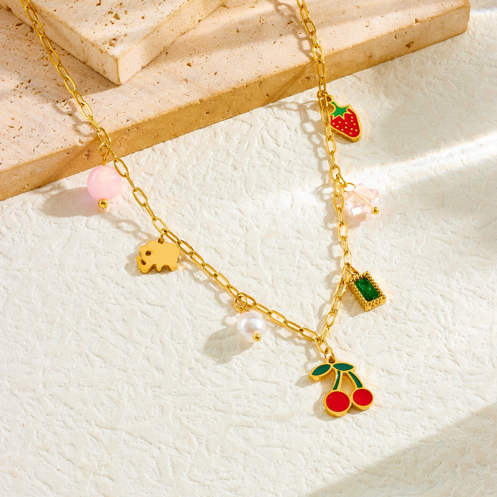 Sweet Drip Oil Stainless Steel Fruit Pendant Necklace with Pearl Cherry and Strawberry Elements for Women