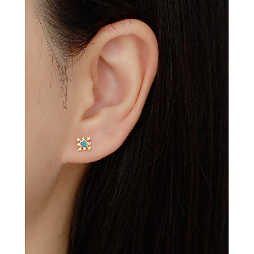 Geometric 925 Sterling Silver Opal and Rhinestone Inlay Earrings for Women