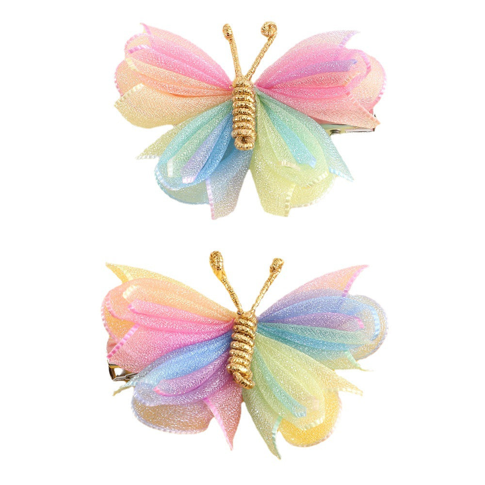 Cartoon Butterfly Hair Clip for Kids Handwoven Mesh Fabric Hairpin with Rainbow Accents