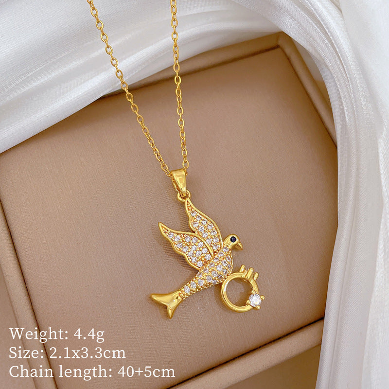 Minimalist Geometric Titanium Steel Necklace with Gold Plated Brass Pendant and Rhinestone Inlay