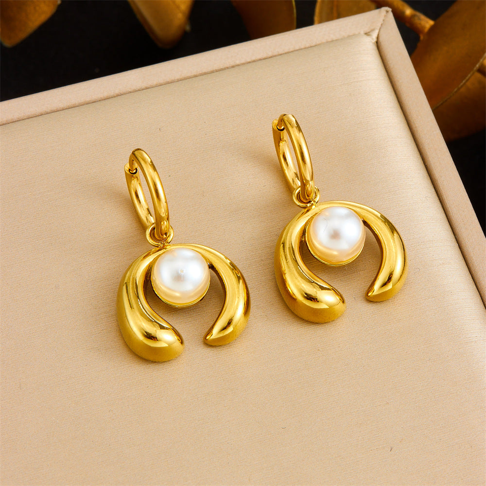 Elegant Business Gold Plated Horseshoe Stainless Steel Pearl Drop Earrings for Women