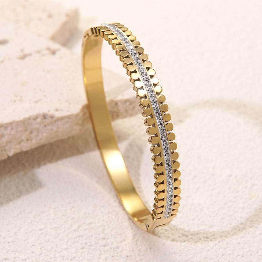 Bracciale Minimalista Geometrico Rotondo alla Moda in Acciaio Inossidabile PVD Placcato Oro 18K con Intarsio di Strass