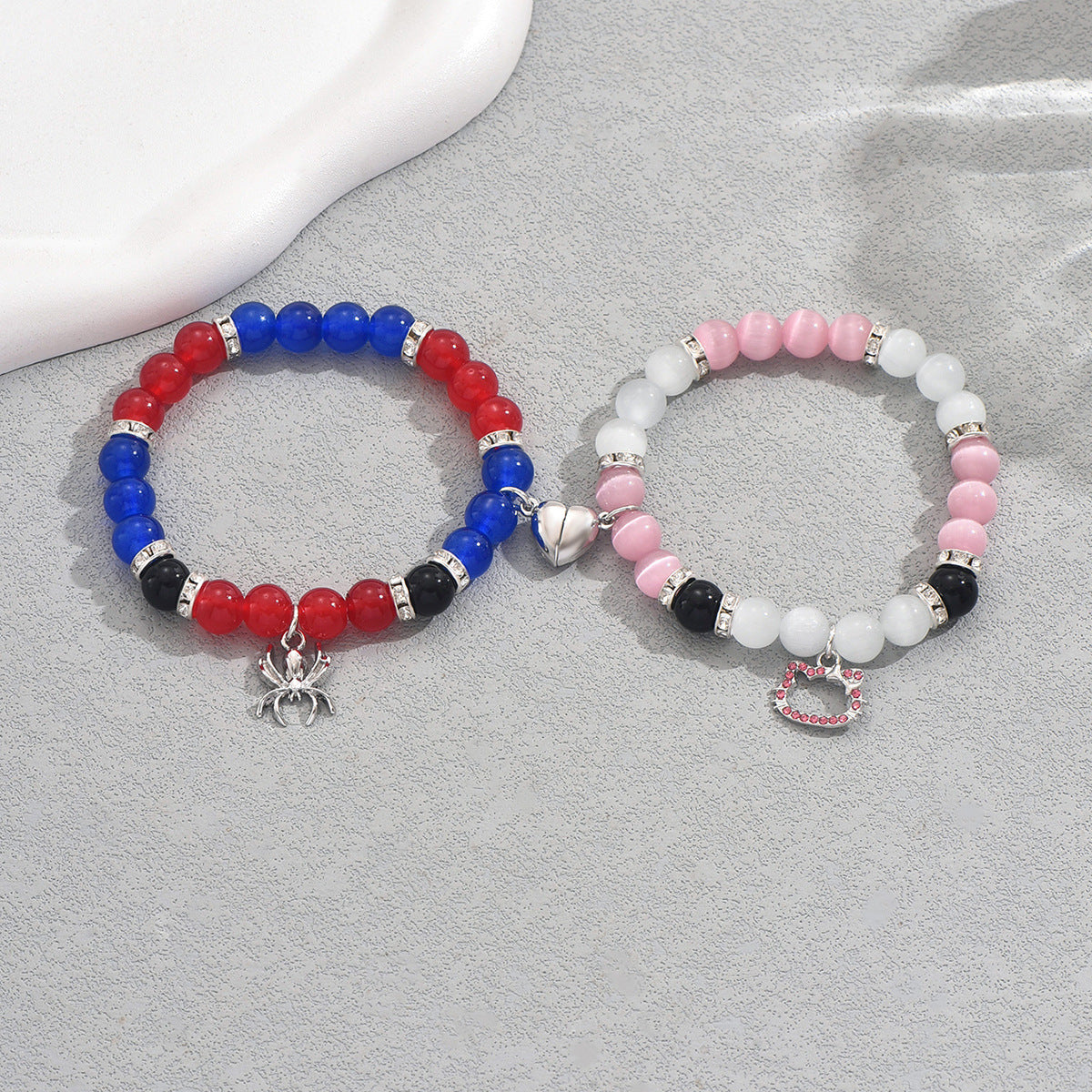 Set di bracciali a forma di gatto con strass e cuore, in vetro, accessorio di moda per uomo e donna