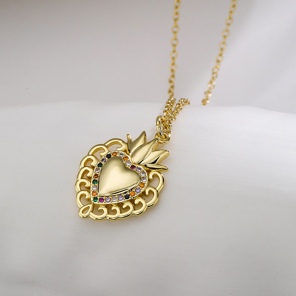 Elegante collana pendente a forma di cuore da donna in ottone placcato oro 18 carati e zirconi micro-incastonati