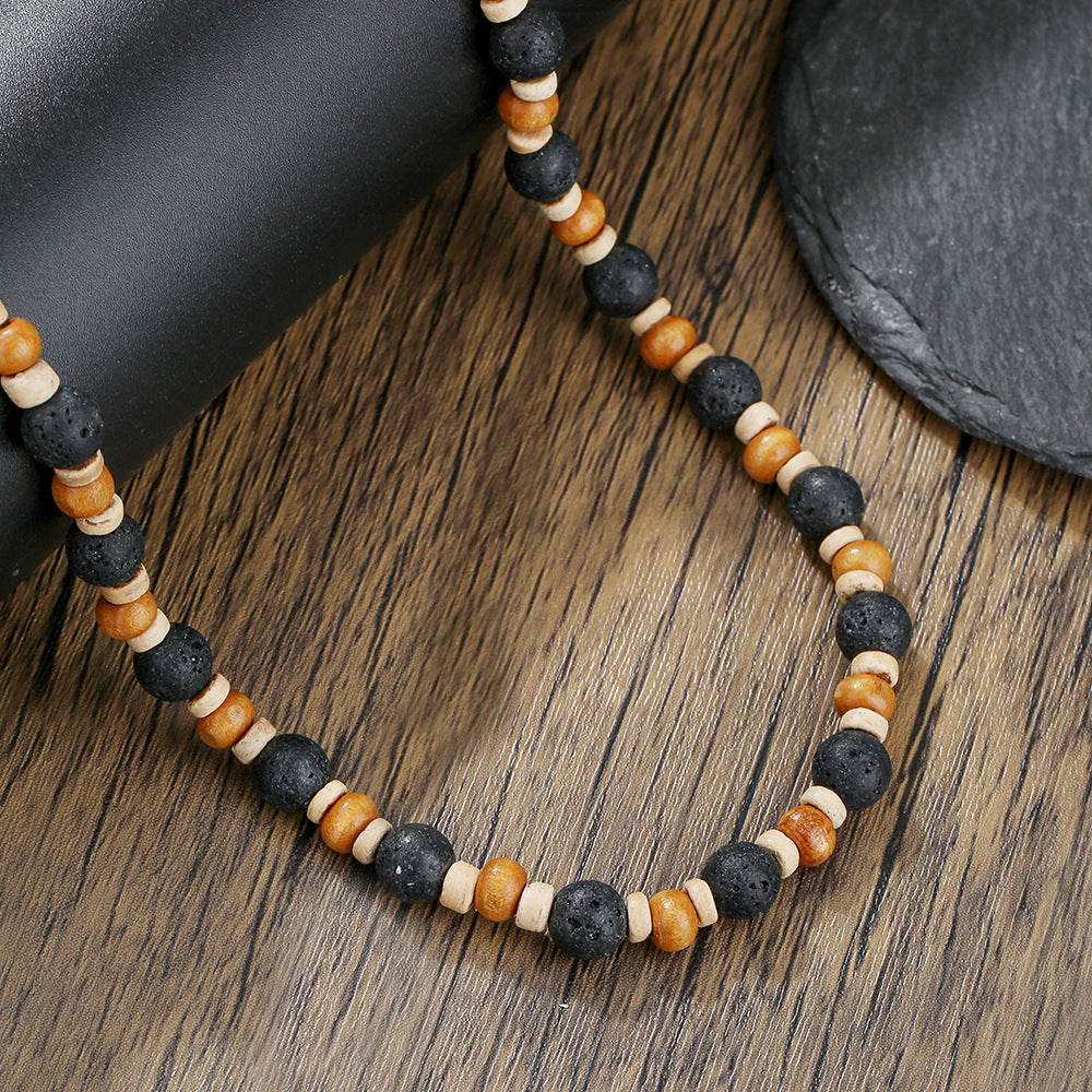 Geometric Wood and Natural Volcanic Stone Beaded Necklace for Men and Women