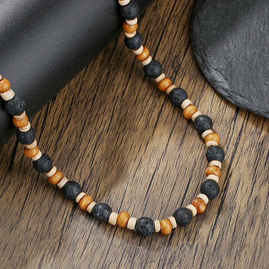 Geometric Wood and Natural Volcanic Stone Beaded Necklace for Men and Women