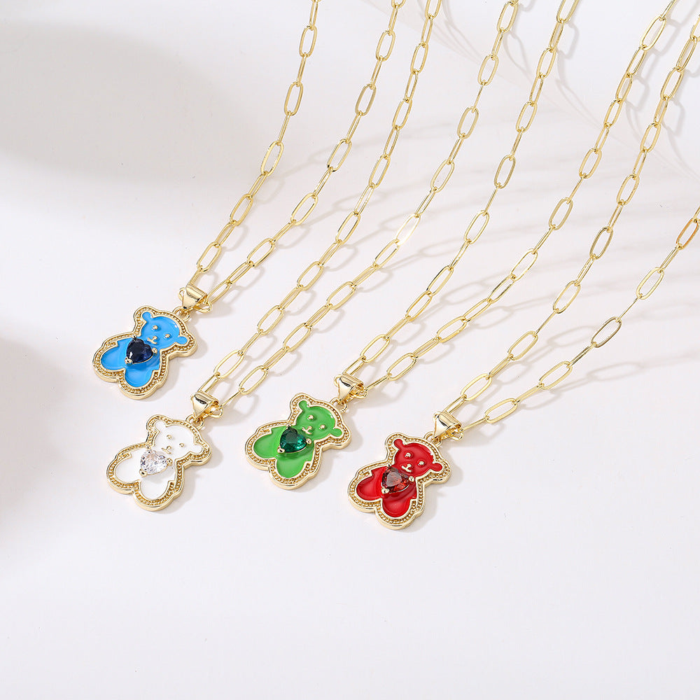Minimalist Heart-Shaped Bear Pendant Necklace for Women with Copper Base Plated in 18K Gold and Enamel Finish Featuring Cubic Zirconia Accents