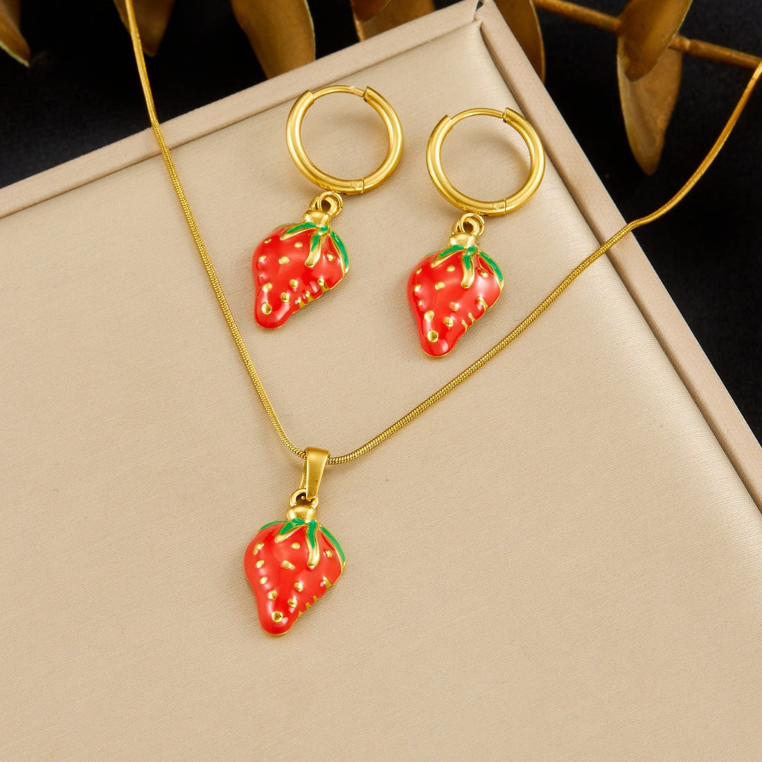 Sweet Drip Oil Stainless Steel Strawberry Pendant Necklace and Earring Set with Snake Chain