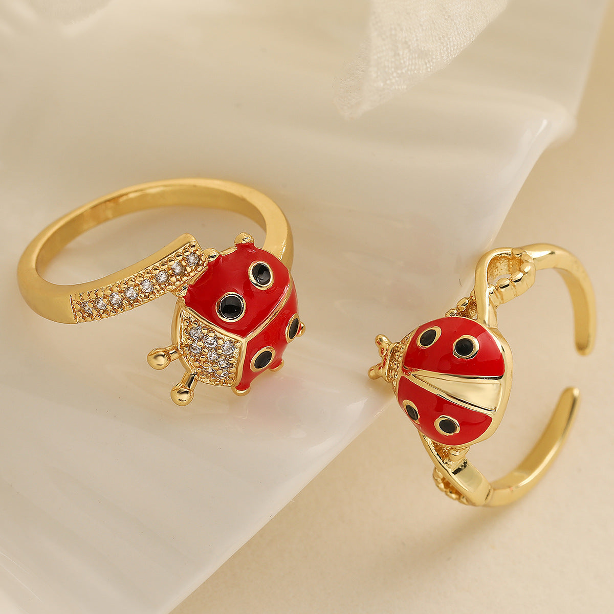 Minimalist Ladybug-Shaped Ring in Copper with 18K Gold Plating and Enamel Finish, Geometric Design
