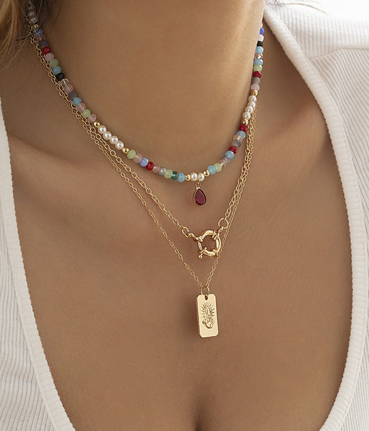 Collar de mujer vintage étnico geométrico con colgante, cadena de aleación y acabado galvanizado