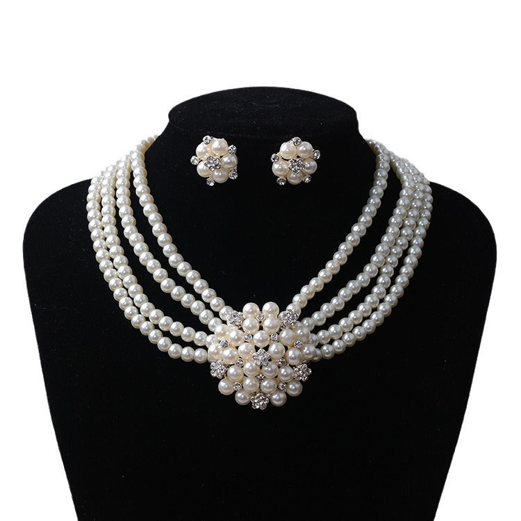 Sweet Floral Flower Alloy Inlay Pearl Rhinestone Necklace and Earring Set for Women