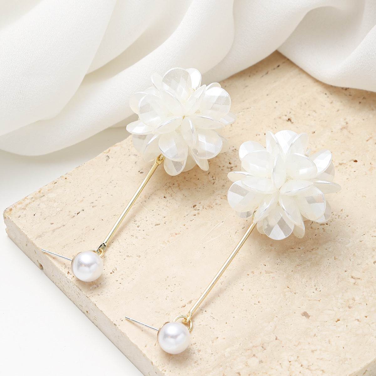 Minimalist Floral Pearl Stud Earrings with Long Tassel Dangle for Women Alloy Base with Electroplated Finish