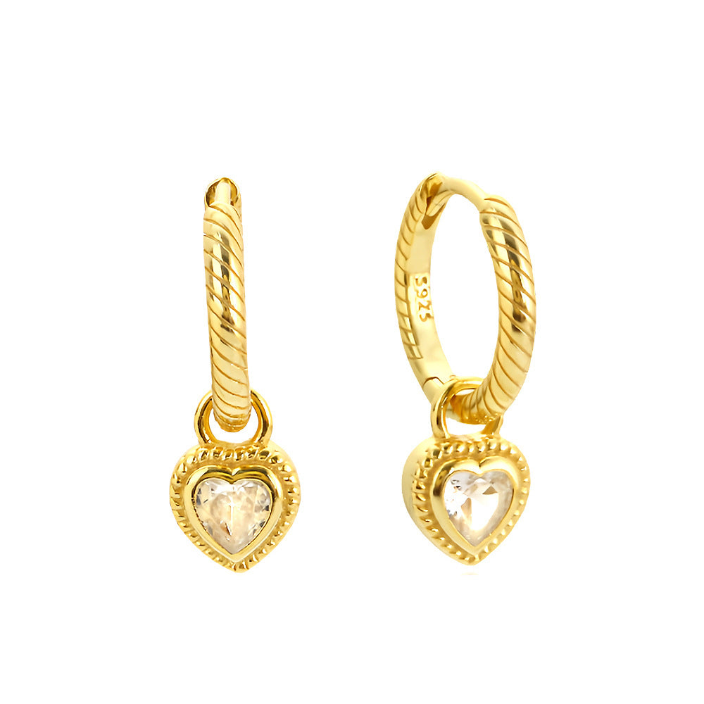 Luxury Elegant Heart Striped Rhinestone Plated 925 Sterling Silver Hoop Earrings for Women