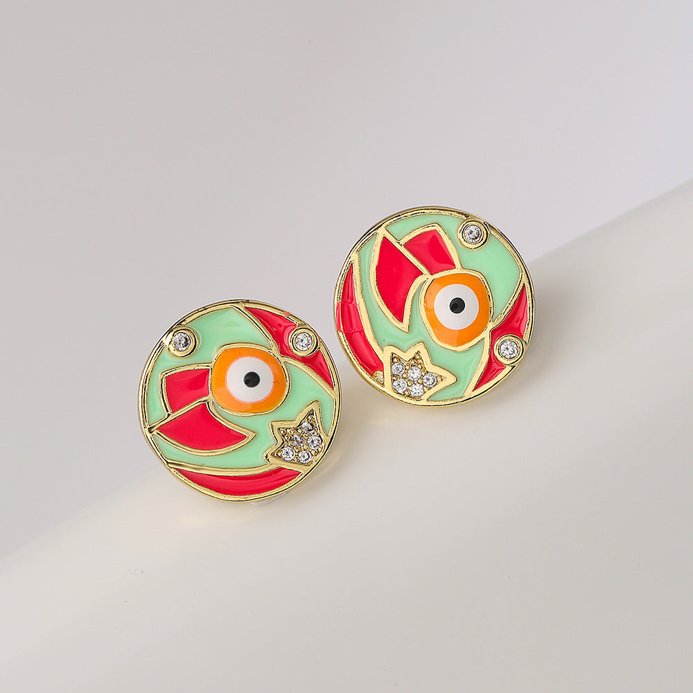 Minimalist Round Geometric Copper Earrings with Gold Plating and Enamel Finish for Women
