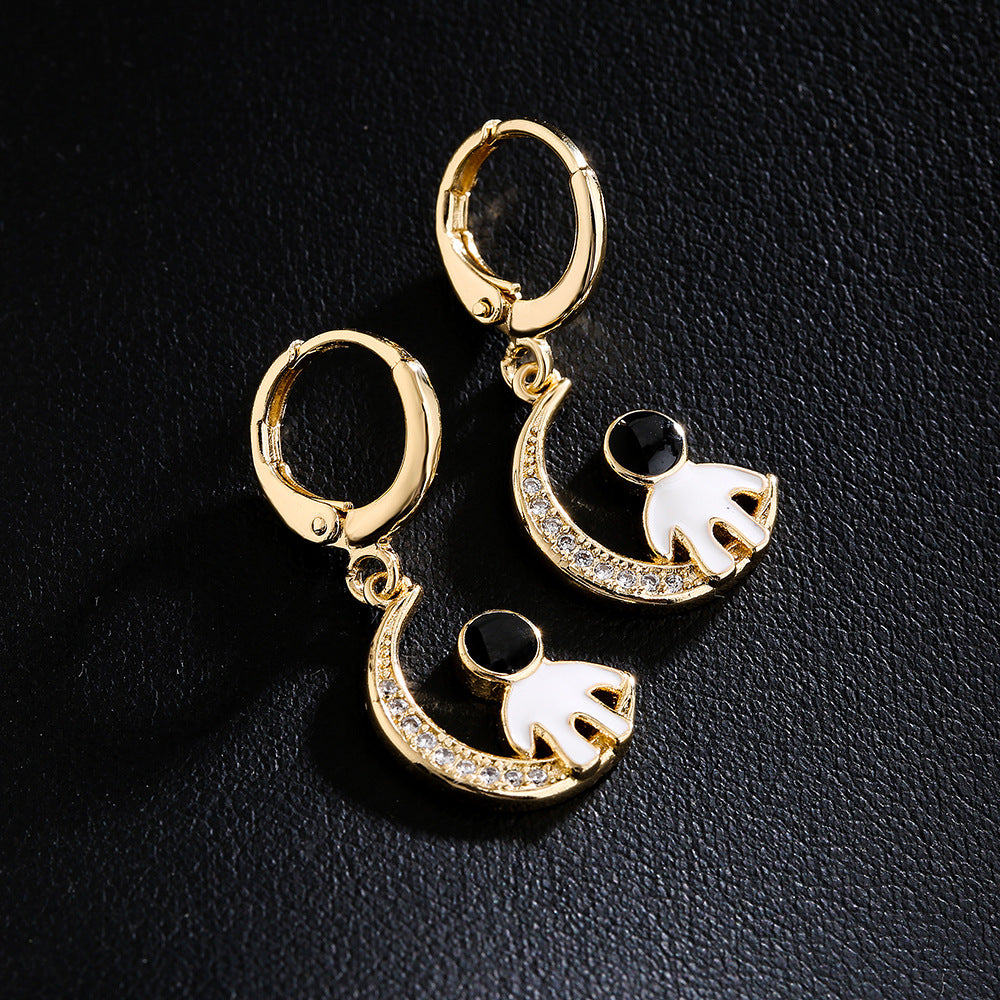 Minimalist Moon Astronaut Shaped Earrings in Copper with 18K Gold Plating and Enamel Finish for Women