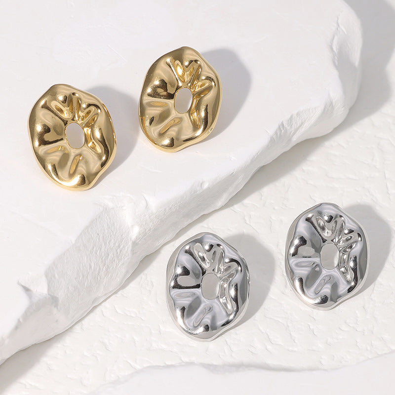 Minimalist Geometric Stainless Steel Stud Earrings with Textured Wrinkled Surface and Asymmetrical Circular Design
