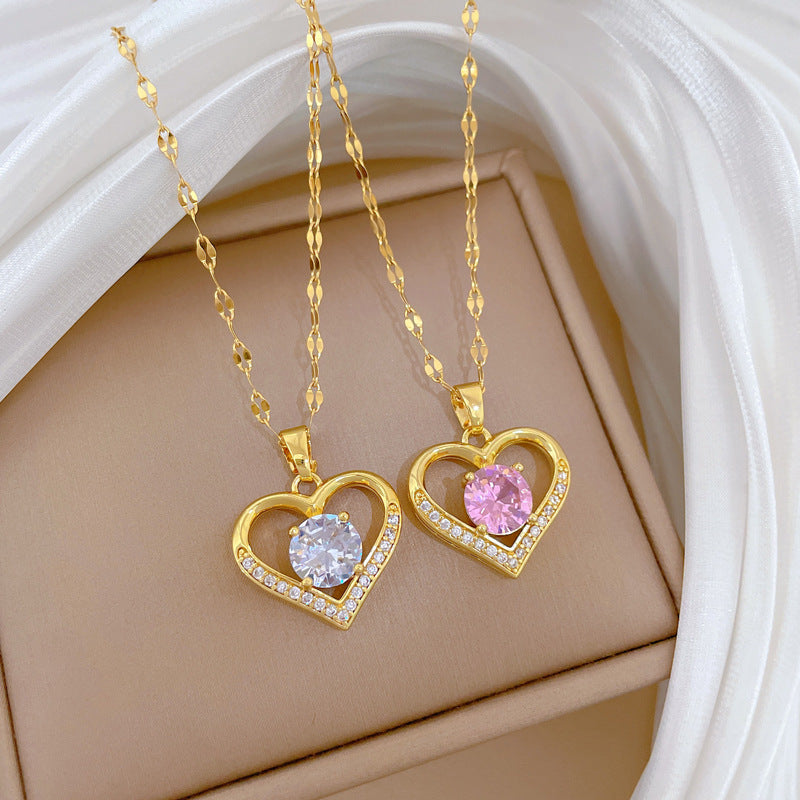 Minimalist Sweet Heart Geometric Titanium Steel Necklace with Rhinestone Inlay Brass Pendant for Women