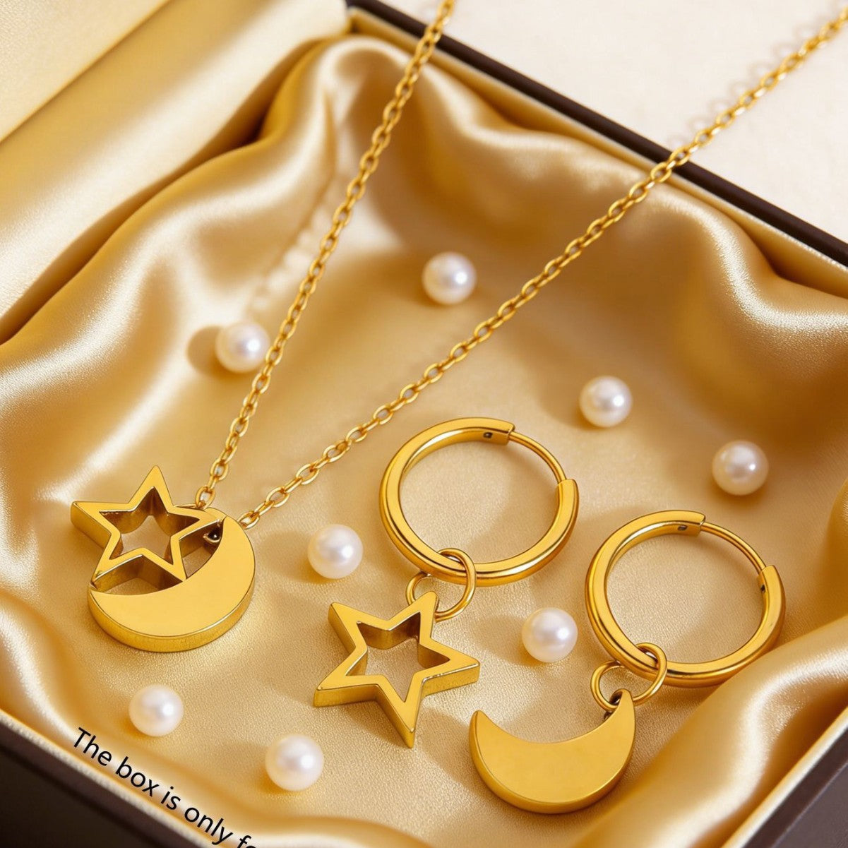 Minimalist Star Moon Stainless Steel and Titanium Steel Necklace and Earring Set with Cable Chain