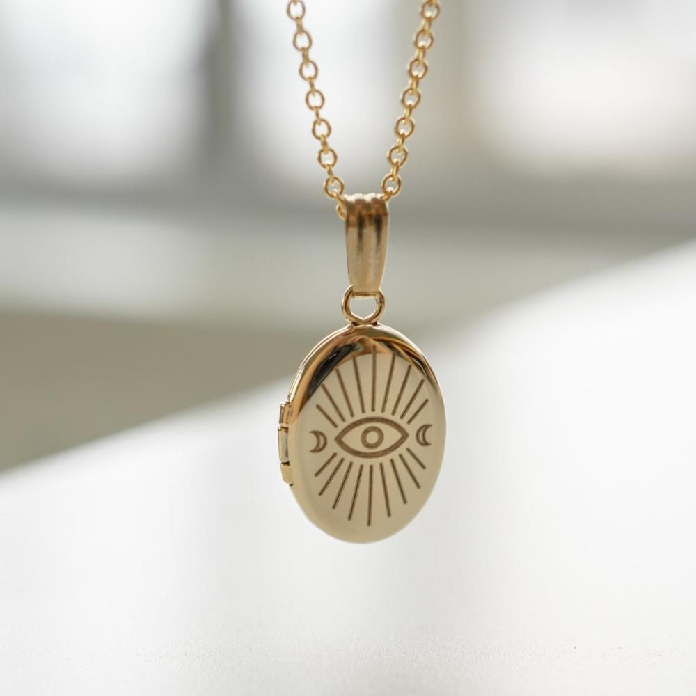 Vintage Oval Sun Moon Evil Eye Opening Photo Locket Necklace for Pets on Copper Snake Chain with Geometric Design