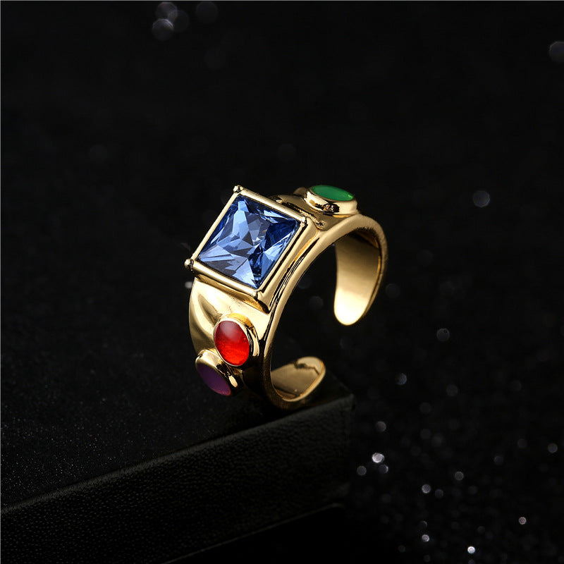Bohemian Style Geometric Shaped Copper Ring with Micro-Pave Zirconia and 18K Gold Plating for Women