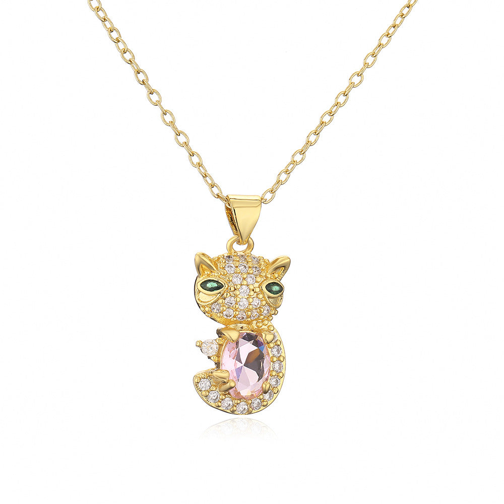 Sweet Cute Cat Pendant Necklace for Women in Copper with 18K Gold Plating and Zircon Inlay, Geometric Design Clavicle Chain
