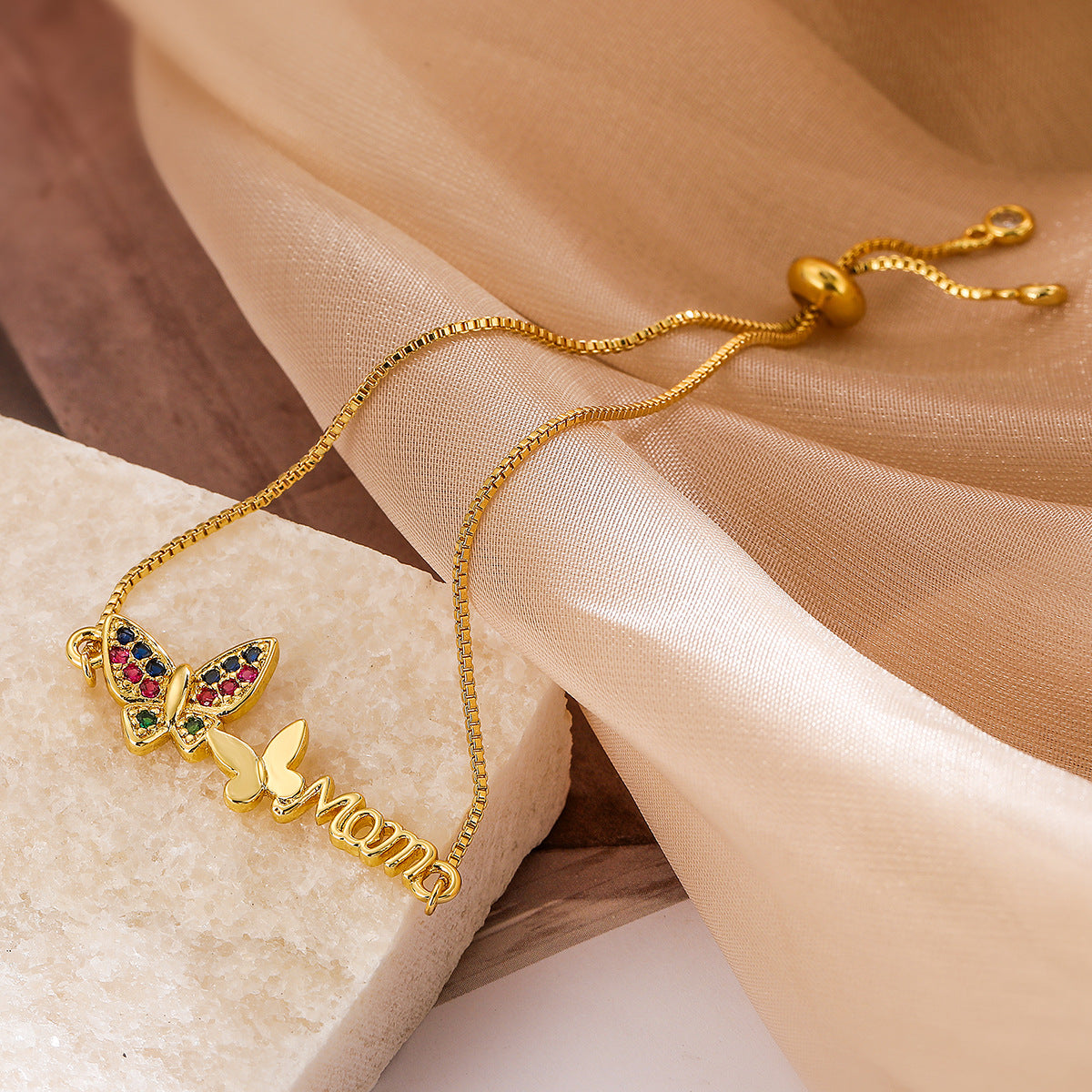 Elegant 18K Gold Plated Brass Butterfly Geometric Bracelet with Cubic Zirconia for Women