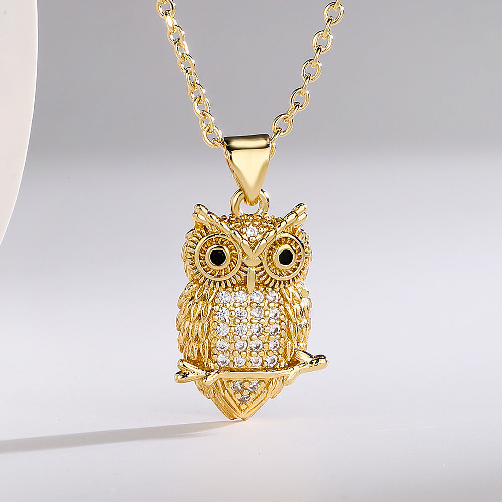 Owl and Bear Pendant Necklace for Women in Copper with 18K Gold Plating and Zircon Inlay, Geometric Shape, Minimalist Luxury Locket Chain