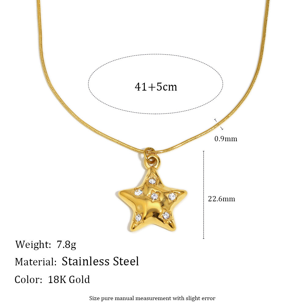 Luxury Minimalist Star-Shaped Stainless Steel Necklace with 18K Gold Plating and Rhinestone Accents