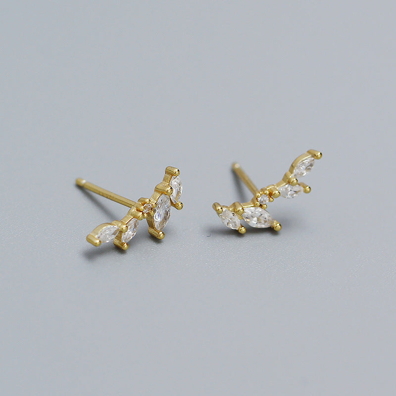 Sweet 925 Sterling Silver Geometric Leaf Olive Branch Cubic Zirconia Stud Earrings