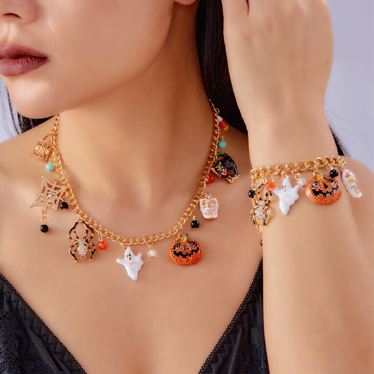 Juego de pulsera y collar de aleación con diseño de calabaza, fantasma y araña, temática de Halloween, con acabado galvanizado para uso unisex