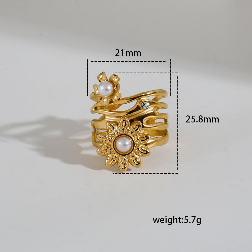 Anello aperto regolabile da donna in acciaio inossidabile geometrico minimalista con intarsio di perle e finitura placcata