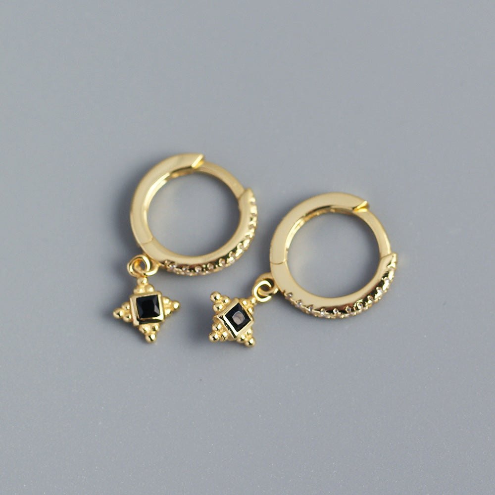 Minimalist Vintage 925 Sterling Silver Geometric Square Inlaid Cubic Zirconia Hoop Earrings