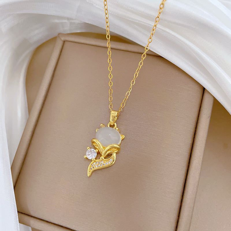Sweet Geometric Fox Cat's Eye Rhinestone Inlay Titanium Steel Necklace for Unisex