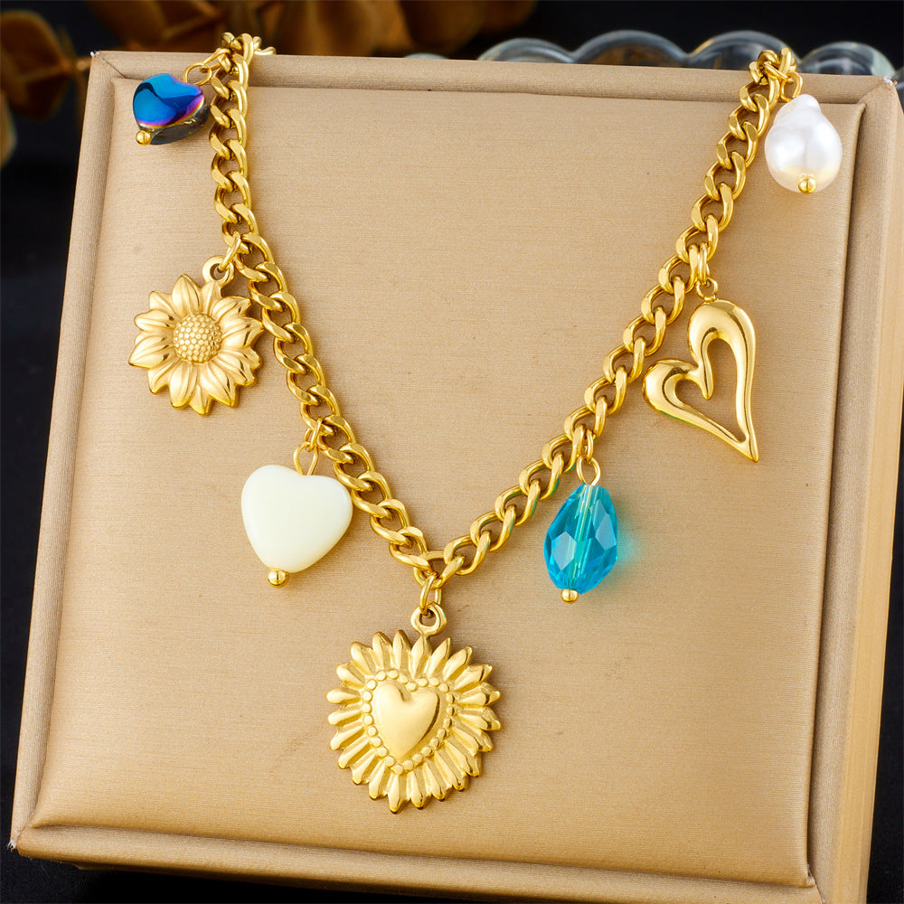 Vintage Elegant Heart Bow Cross Floral Stainless Steel Plated Necklace for Women