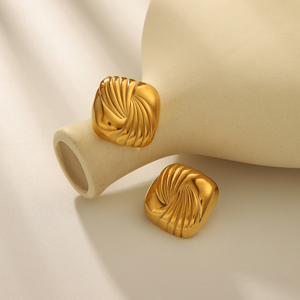 Geometric Square Titanium Steel Earrings with 18K Gold Plating and Wavy Texture for Women
