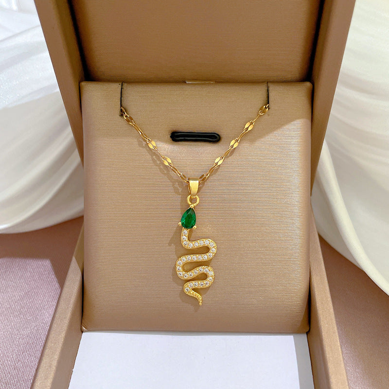 Luxury Titanium Steel Green-Eye Snake Pendant Necklace for Women with Micro-Pavé Detail, Delicate Clavicle Chain