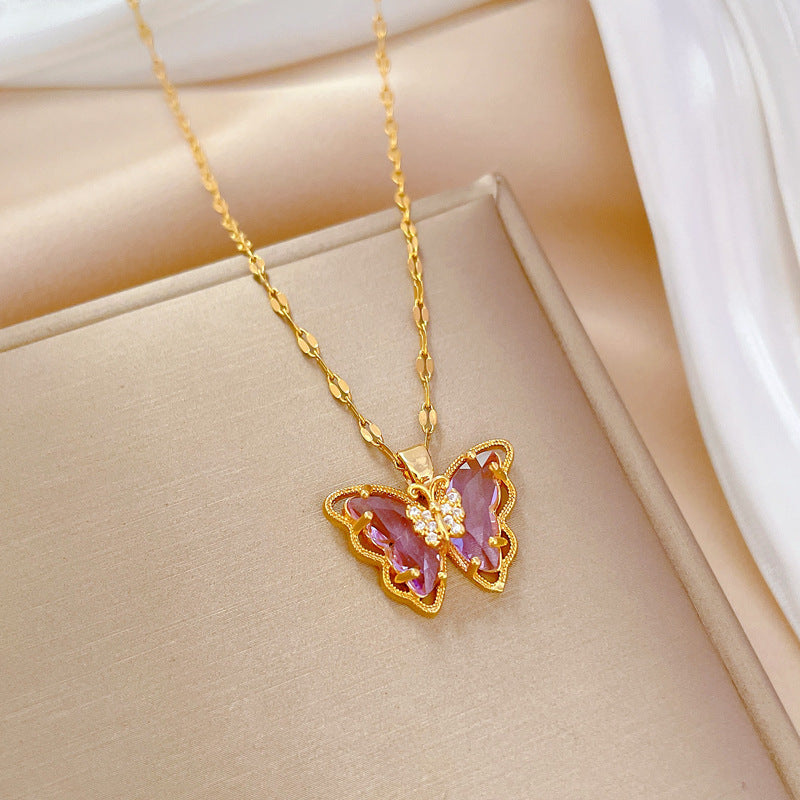 Elegant Sweet Butterfly Geometric Pendant Necklace Titanium Steel Chain for Unisex
