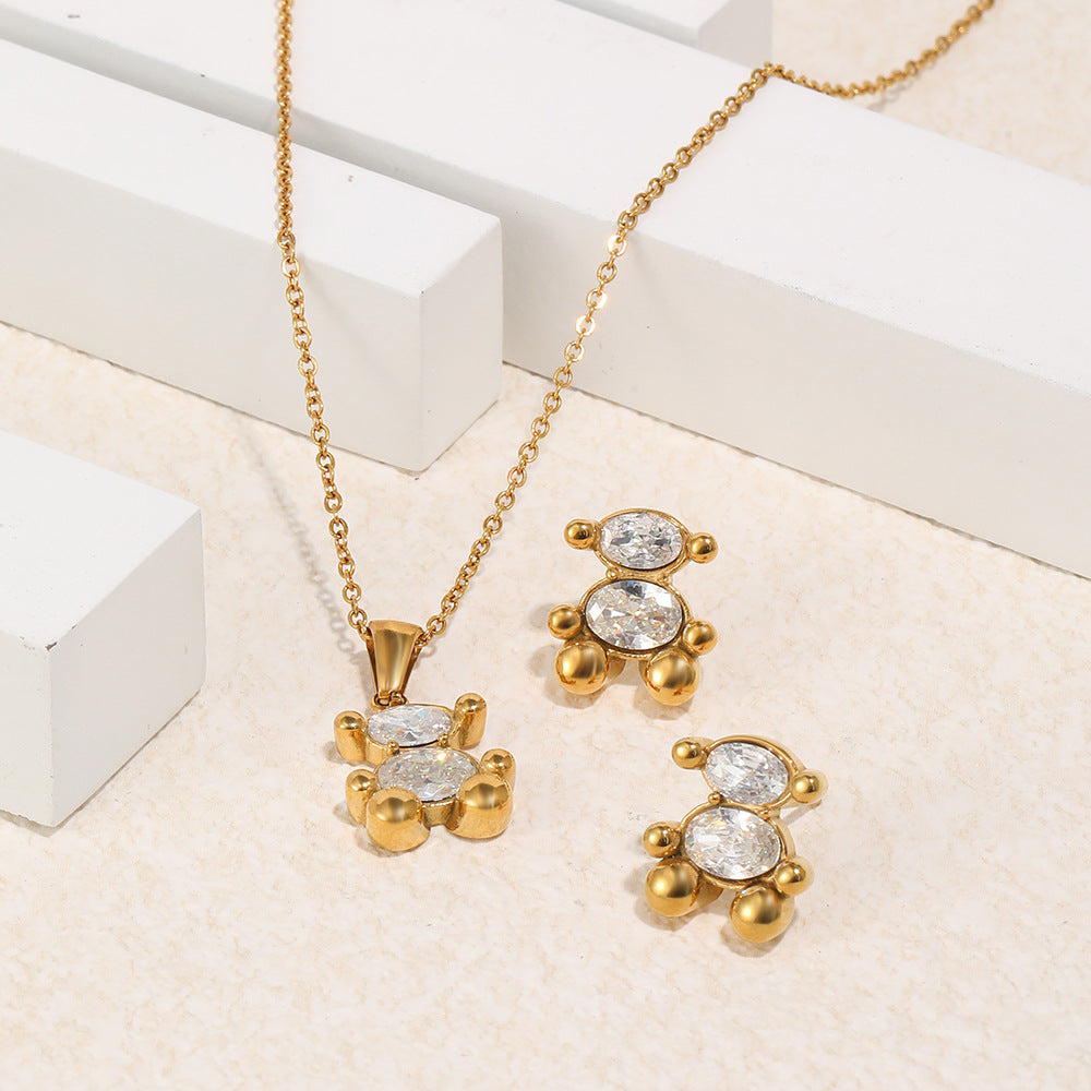 Casual 18K Gold Plated Stainless Steel Bear Cubic Zirconia Pendant Necklace for Women